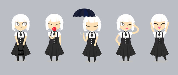 Fashion cute girl cartoon character design. Set of white hair women wear black dress and white shirt with 5 poses, flat style.