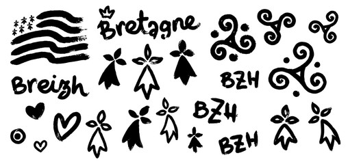 Vector set of breton hand-drawn symbols in grunge style: Gwen-ha-du black and white flag of Brittany , doodle triskels, line-art hermines, Bretagne, Breizh and BZH letterings - obrazy, fototapety, plakaty