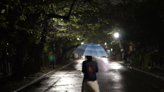 Woman Blue And White Umbrealla Walking Home Alone At Night