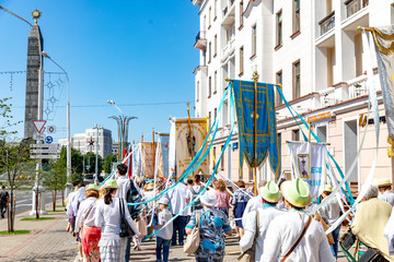 MINSK, BELARUS - 1 JUNY, 2019: pilgrims celebraing and praying during the procession of God's body...