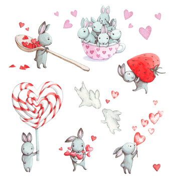 Set of cute watercolor cartoon bunnies at love
