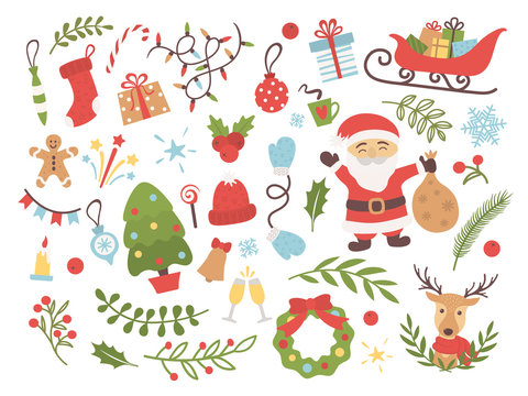 Set of Christmas and New Year with Santa Claus, deer, christmas tree, wreath, gifts, tree toys and other decoration elements. Design for prints, cards, posters. Vector illustration.