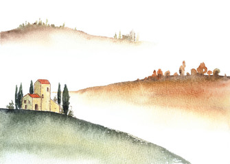 Tuscan villa and distant hills landscape watercolor painting. - 273484361