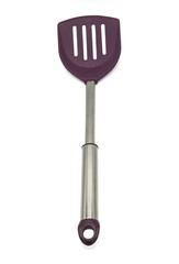 Purple purple spatula made of stainless steel and plastic. Use to cook on a white background.
