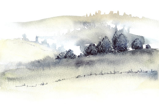 Tuscan farmland and fogg hills landscape watercolor painting.