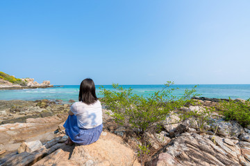 Young girl on Beautiful Tropical Beach PP Island, Krabi, Phuket, Thailand blue ocean background Woman items vacation accessories for holiday or long weekend a guide  choice idea for planning travel