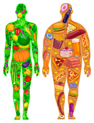 Watercolor food in man, diet, vector illustration