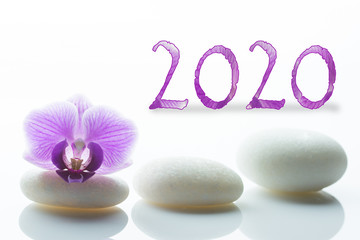New year concept. 2020 year purple number with white roundstones and an orchid blossom