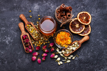 Obraz na płótnie Canvas Herbs and dry flowers for healthy tea