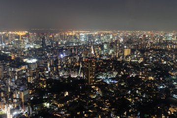 Fototapeta na wymiar Streets of Night Tokio from Above with majic nightlights all around.