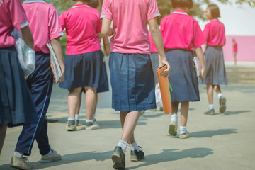 Naklejka premium Back view of happiness primary girl students in pink shirt and blue skirt walk to classrooms with their friends.