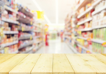 Supermarket or retail store blur background. That is a self-service shop offer grocery and variety of food, beverage and household product on shelf or rack. For shopping background or product display.