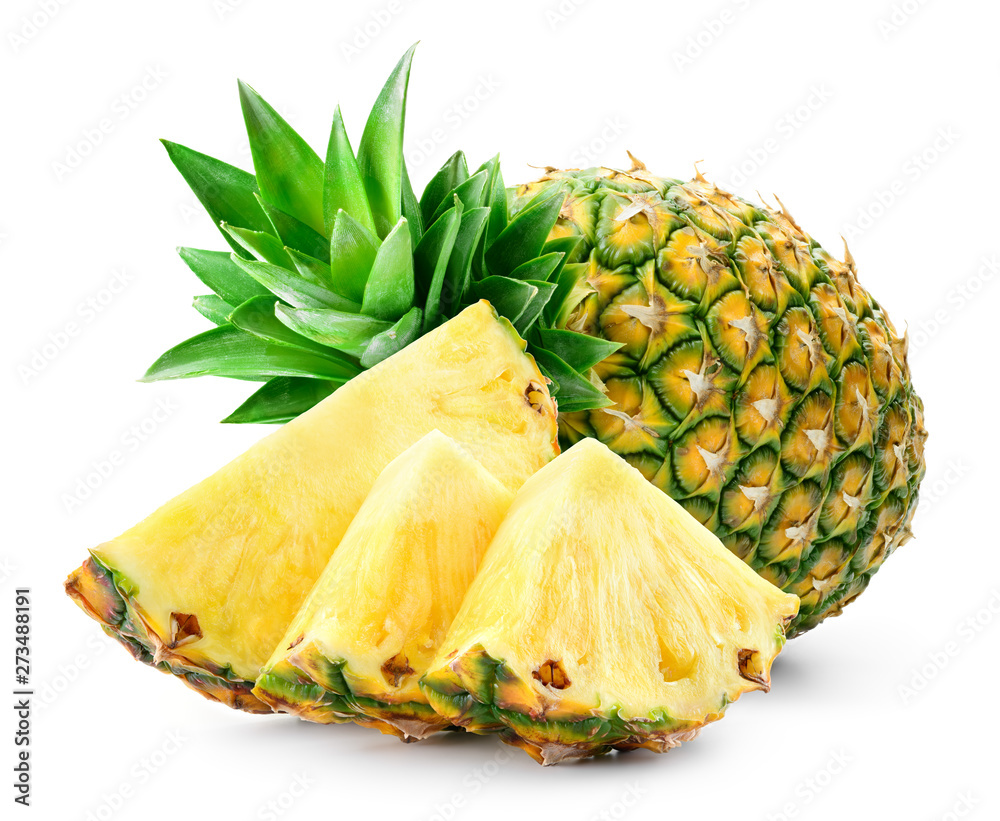 Wall mural whole pineapple and pineapple slice. pineapple with leaves isolate on white. full depth of field.. - Wall murals
