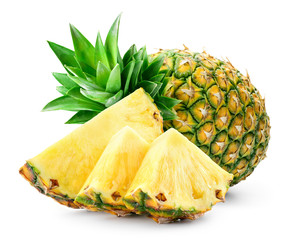 Whole pineapple and pineapple slice. Pineapple with leaves isolate on white. Full depth of field..