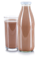 Fresh chocolate milk glass and bottle isolated