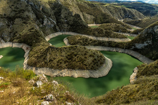 Clear and cleen river Uvac in Serbia with meanders, habitat of protected bird species  Griffon vulture