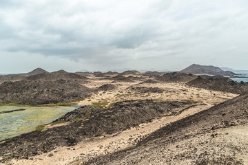 View of volcanic landscape of Isla de Lobos in Fuerteventura, Canary Islands, Spain