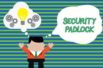 Handwriting text Security Padlock. Conceptual photo hardened steel body and double locking shackle of extra one Standing man suit hands up imaginary bubble light bulb gears working together