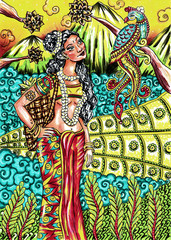 Indian traditional painting of woman in nature, Kerala mural style with peacock and beautiful ornamental background