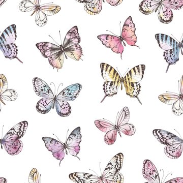 Seamless pattern of Hand Drawn silhouette butterflies with watercolor texture. Vector illustration in vintage style