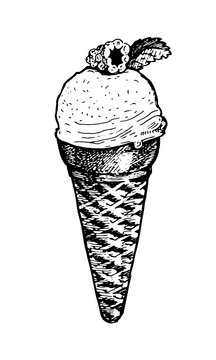 Ice cream in a waffle cone, with raspberry. Natural products and healthy lifestyle, delicious products, a set of templates for menu design, restaurants and catering. Hand-drawn images