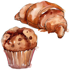 Tasty cake and bun sweet dessert. Watercolor background set. Isolated desserts illustration element.