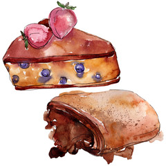Tasty cake and bun sweet dessert. Watercolor background set. Isolated desserts illustration element.