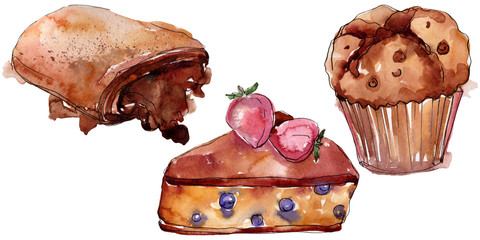 Tasty cake and bun sweet dessert. Watercolor background set. Isolated desserts illustration element.