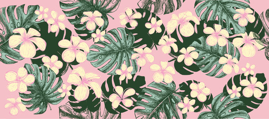 Tropical leaves pattern pink background. Hand drawn illustration.