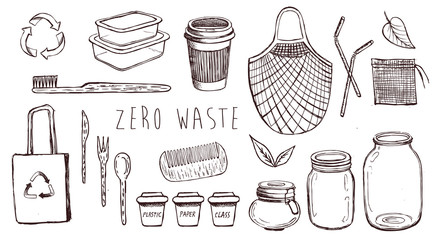 Zero Waste hand drawn illustration. Vector icons set. 