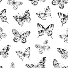 Wall murals Black and white Seamless pattern of hand drawn silhouette butterflies. Vector illustration in vintage style on white background.