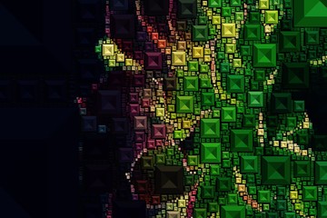 Abstract background with geometric design. Digital futuristic element. Technology. Macro flower cactus. Floral wallpaper. Colorful green blue pink red. Dark background.