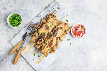 Grilled chicken skewers with green onion and salsa sauce on a marble plate on a light gray background. Top view.