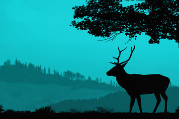 bluelandscape with a silhouette of a deer. Hills covered with forest and the silhouette of a deer under the tree in the foreground