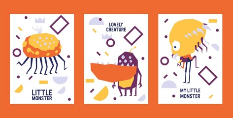 Little Monster aliens set of banners vector illustration. Cartoon monstrous character, lovely creature or funny gremlin on halloween for kids. Ugly ufo beasts for invitation cards.