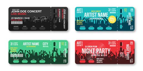 Set of concert tickets template. Concert, party, disco or festival ticket design template with people crowd on background. Entrance to the event - obrazy, fototapety, plakaty