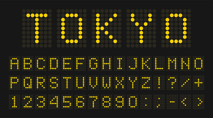 Led digital font, letters and numbers. English alphabet in digital screen style. Led digital board concept for airport, sport matches, billboards and advertising