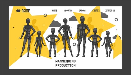 Mannequins production banner web design vector illustration. Fashion clothing store, shop window. Different poses and colurs fashion female male and children full body mannequins collection.
