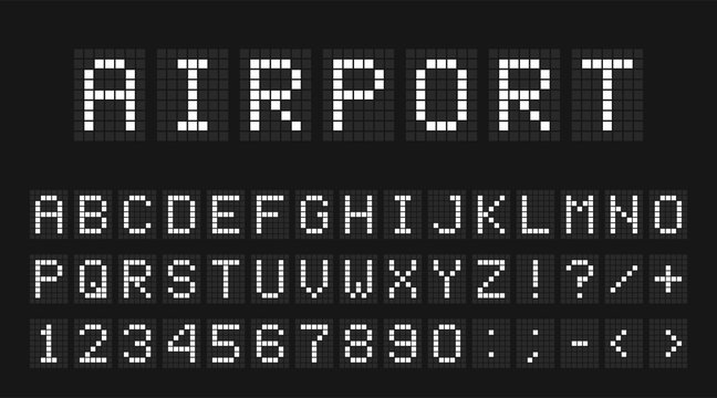 Led Digital Font, Letters And Numbers. English Alphabet In Digital Screen Style. Led Digital Board Concept For Airport, Sport Matches, Billboards And Advertising