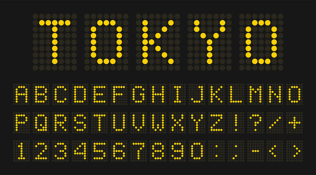 Led digital font, letters and numbers. English alphabet in digital screen style. Led digital board concept for airport, sport matches, billboards and advertising