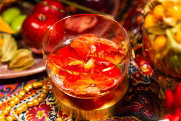 Close Up of Table decorated with Autumn and Winter Fruits and Edibles