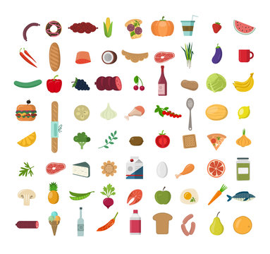 Big set of  colored  food Icons. Collection of various meal, fish and meat, vegetables and bread.