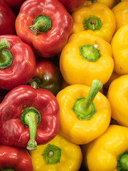 view of several types of peppers on the shelves of a fruit shop