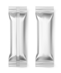 Foil bar sticks. Blank aluminum sealed pack wrapper chocolate candy biscuit snack dessert food package, realistic 3d vector mockup