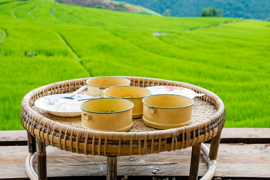 Khantok Thai food traditionally dinner for gest host at Pa Pong Pieng in Chiang Mai, Thailand.