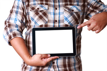 Men wearing brown striped shirts holding a tablet Finger pointing to the screen