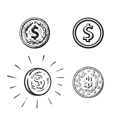 Set of coins with dollar sign in different styles. Engraving, cartoon. sketch, flat icon. Hand drawn cartoon vector illustration on white background. Money cash finance wealth symbol.