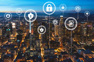 Cyber security theme with downtown Los Angeles at night