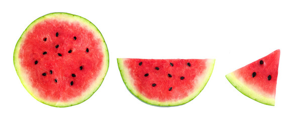 Slices of summer watermelon, whole round, half and piece isolated on a white background