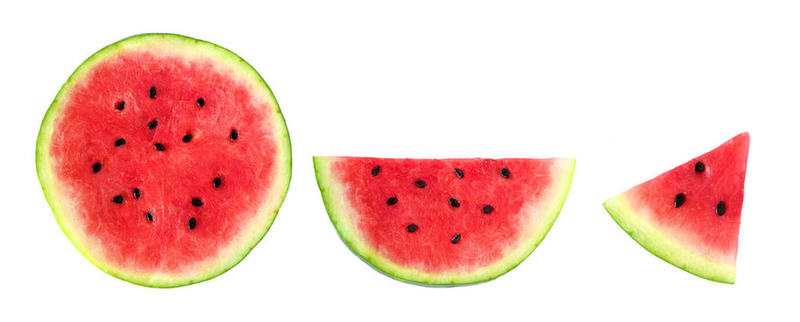 Slices of summer watermelon, whole round, half and piece isolated on a white background